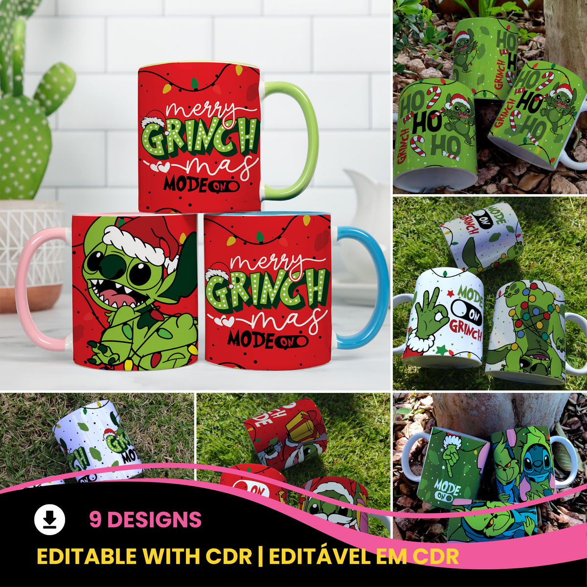 Christmas Stitch Mug Sublimation Design | Grinch Mode On Funny Mug Wrap PNG