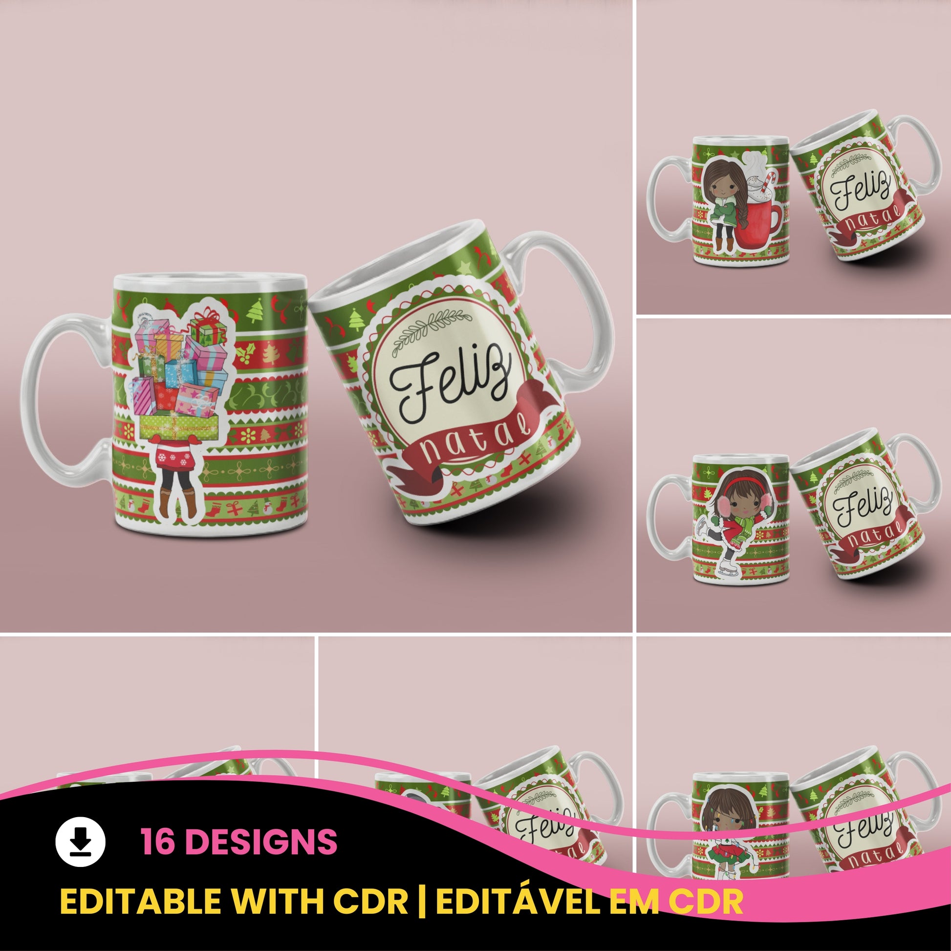 Cute Christmas Girl Mug Sublimation Wrap PNG Bundle | Christmas Knit Pattern Mug Template