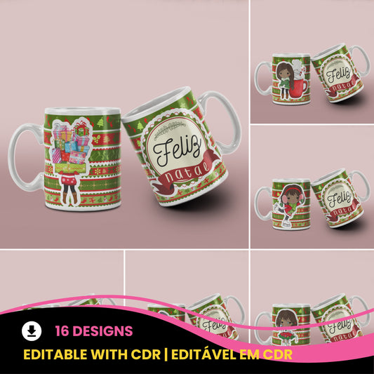 Cute Christmas Girl Mug Sublimation Wrap PNG Bundle | Christmas Knit Pattern Mug Template