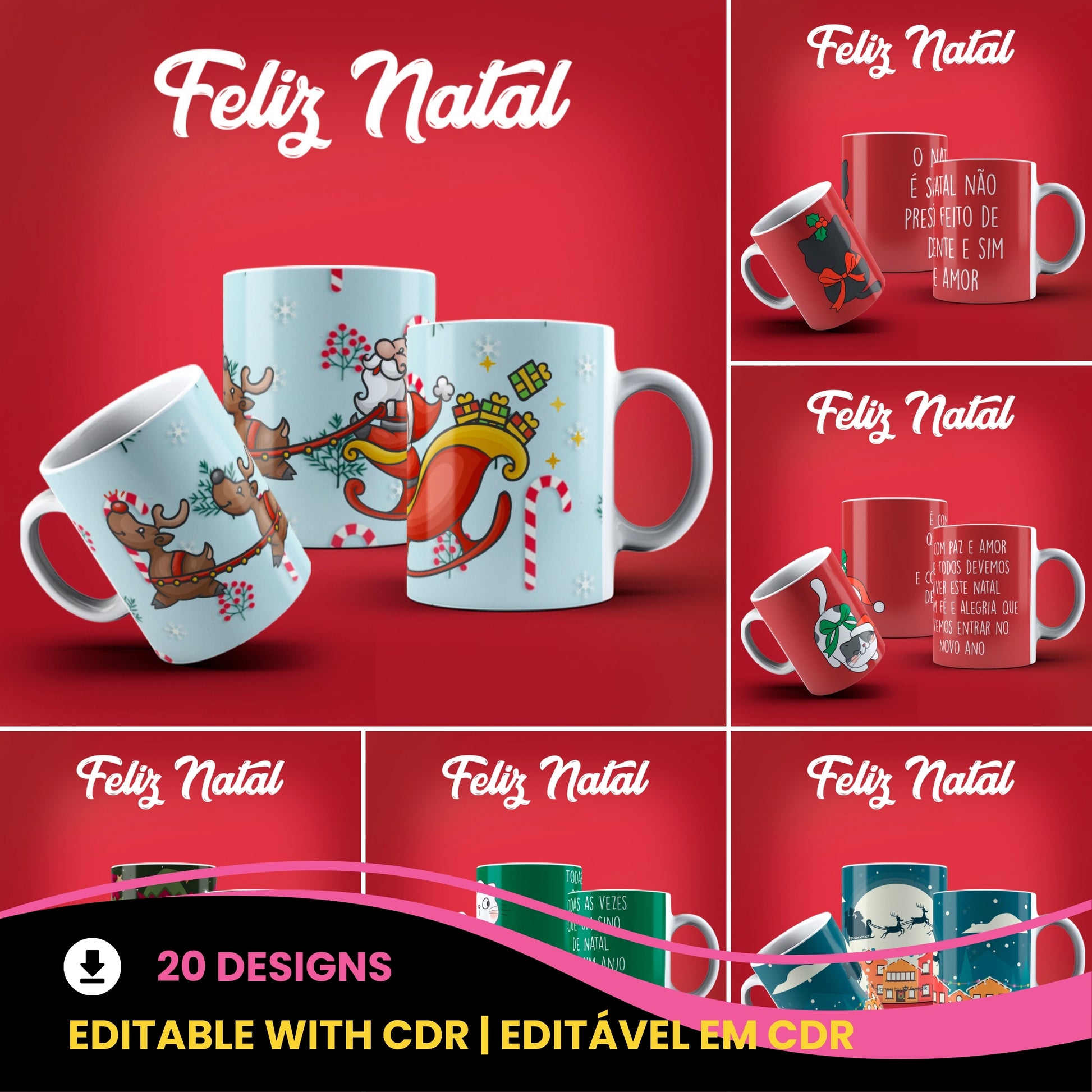 Cute Christmas Mug Sublimation PNG Bundle | Festive Santa Cats Reindeer Elves Coffee Cup Wrap PNG