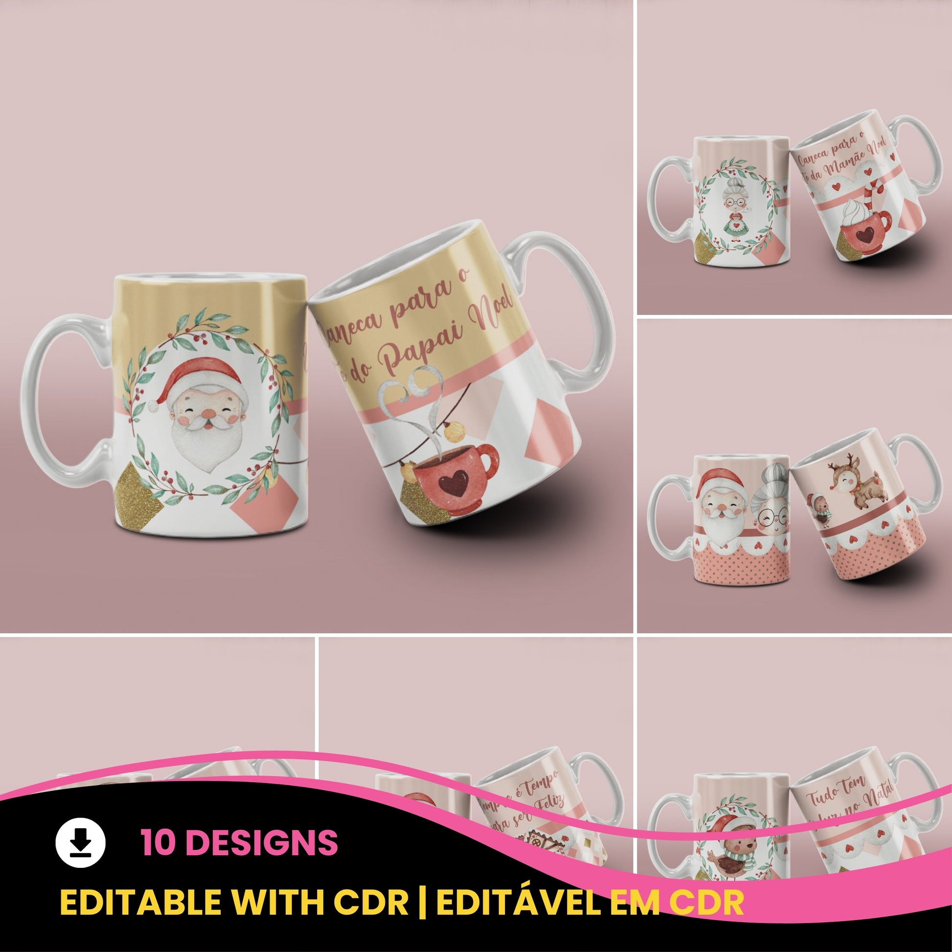 Watercolor Christmas Mug Sublimation PNG Bundle | Cute Pink Santa Mrs Claus Snowman Mug Wrap