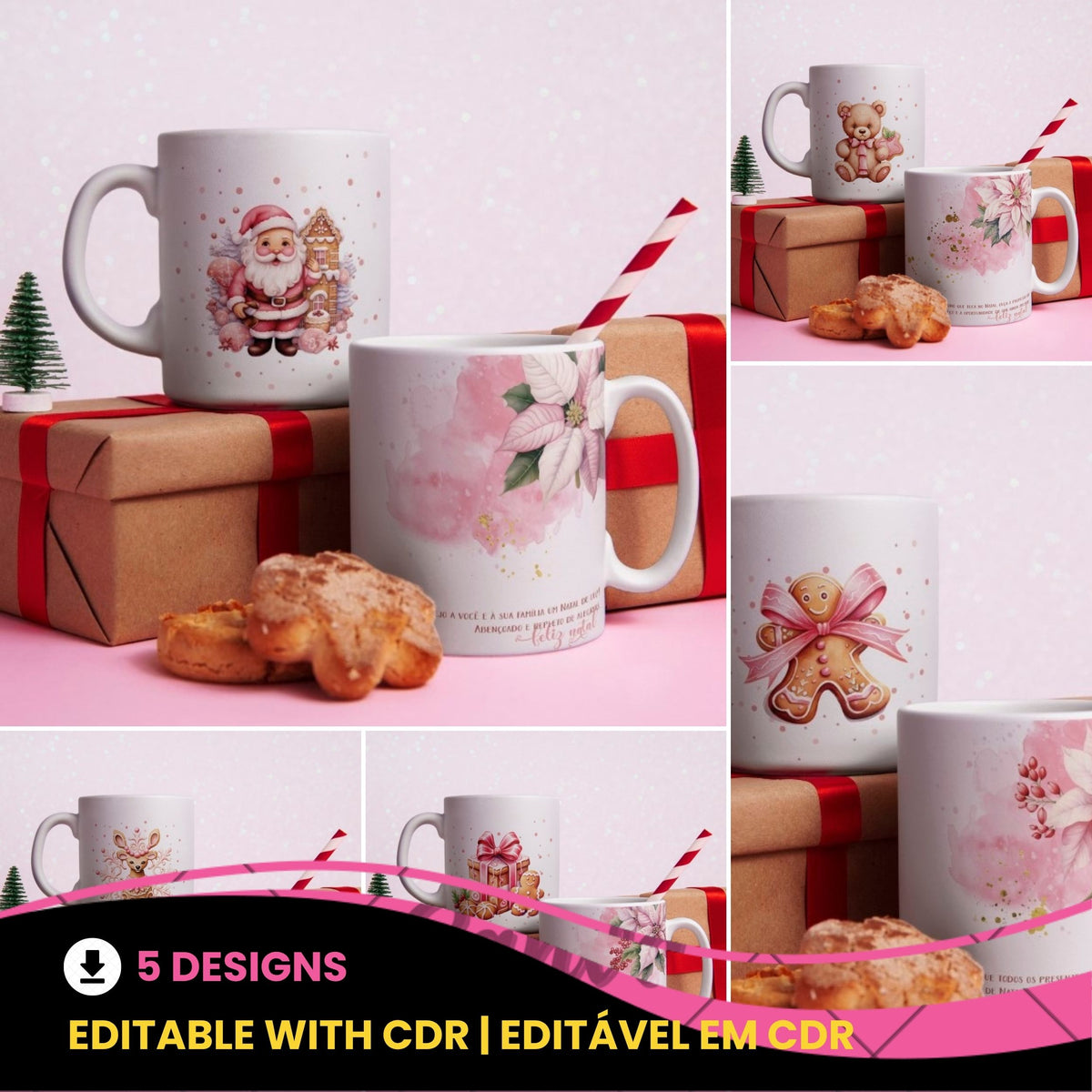 Pink Watercolor Natal Floral Mug Sublimation Designs | Pastel Cute Santa Reindeer Gingerbread Coffee Cup Layout