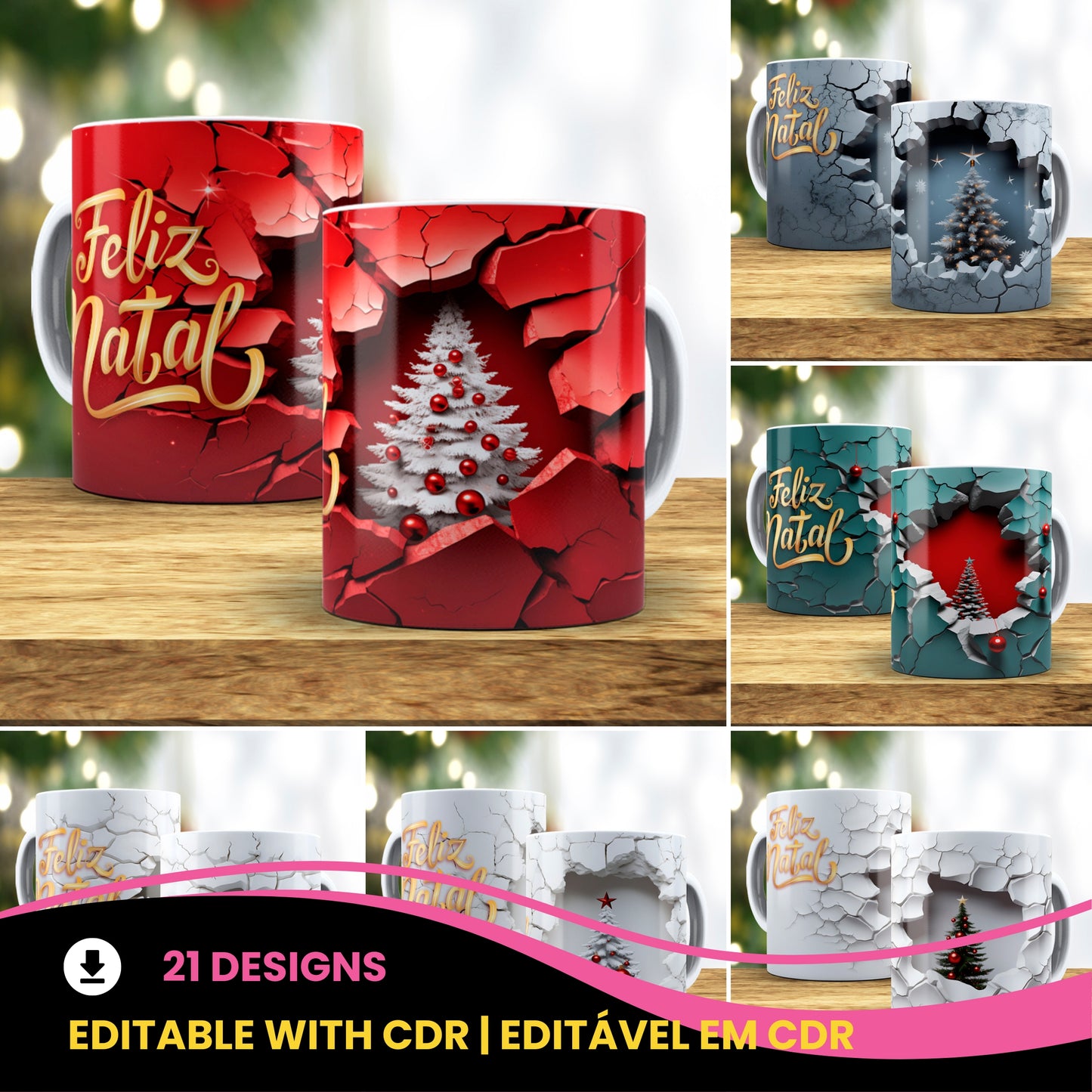 3D Broken Wall Christmas Tree Mug Sublimation Wrap PNG Bundle | Cracked Stone Hole Christmas Mug Template