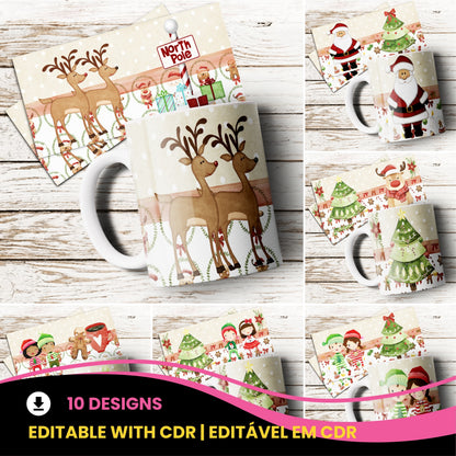 Cute Watercolor Christmas Mug Sublimation PNG Bundle | Whimsical Holiday Mug Wrap Template