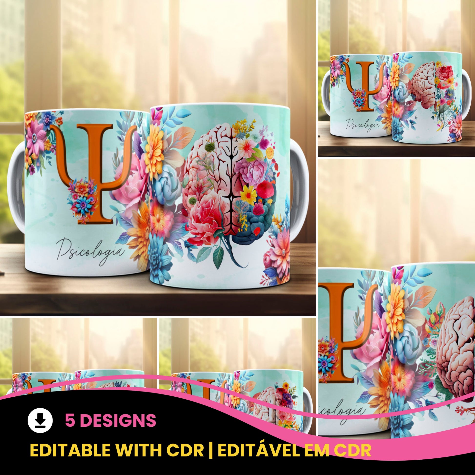 Psychology Floral Brain Mug Sublimation PNG Bundle | Colorful Flower Psi Symbol Mug Wrap
