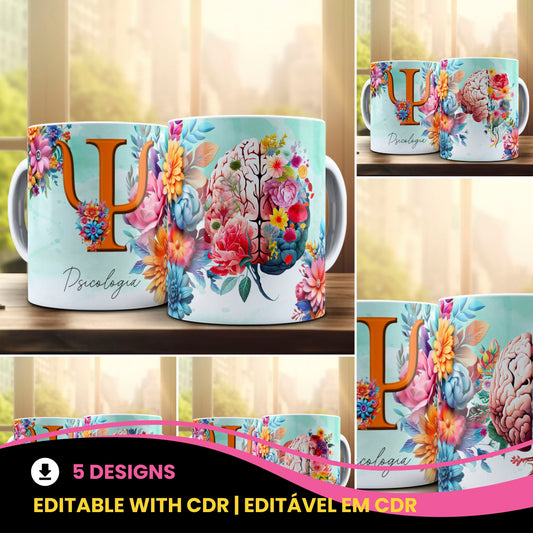 Psychology Floral Brain Mug Sublimation PNG Bundle | Colorful Flower Psi Symbol Mug Wrap