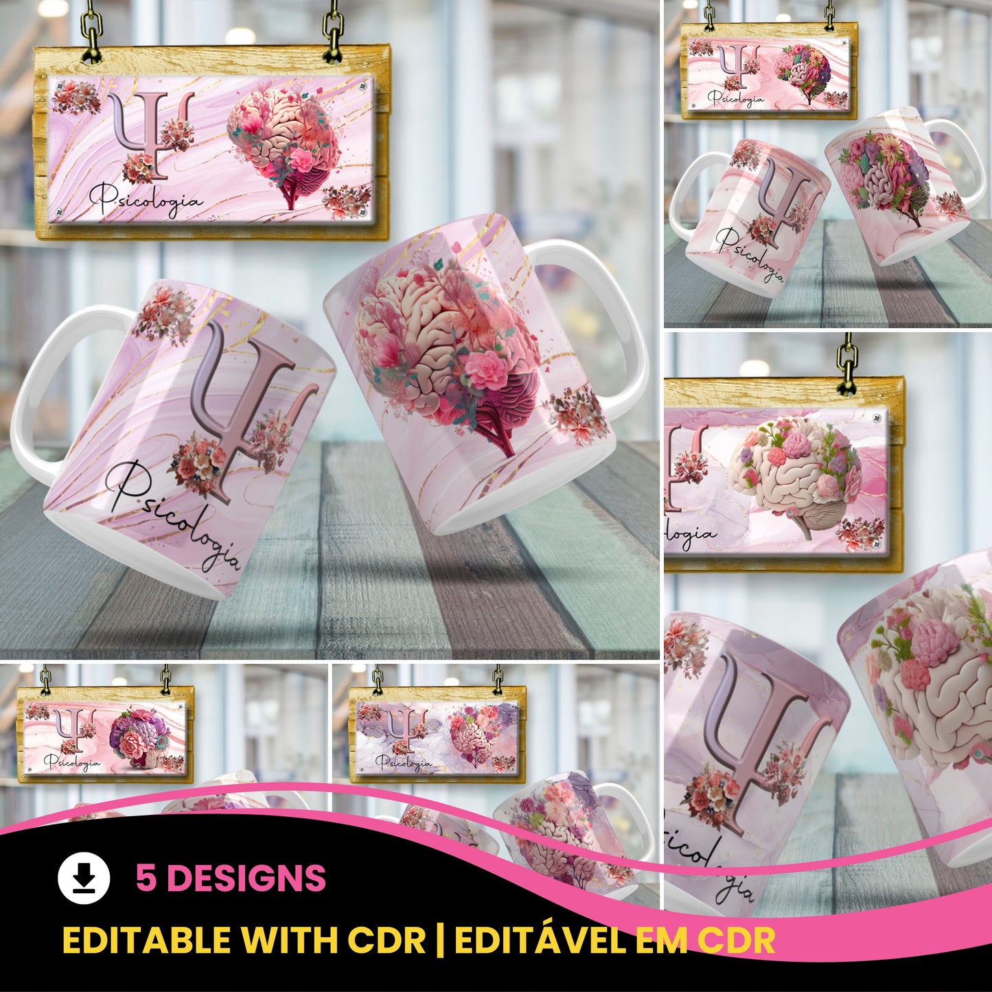 Psychology Floral Brain Mug Sublimation PNG Bundle | Floral Psi Symbol Psychologist Coffee Cup Wrap