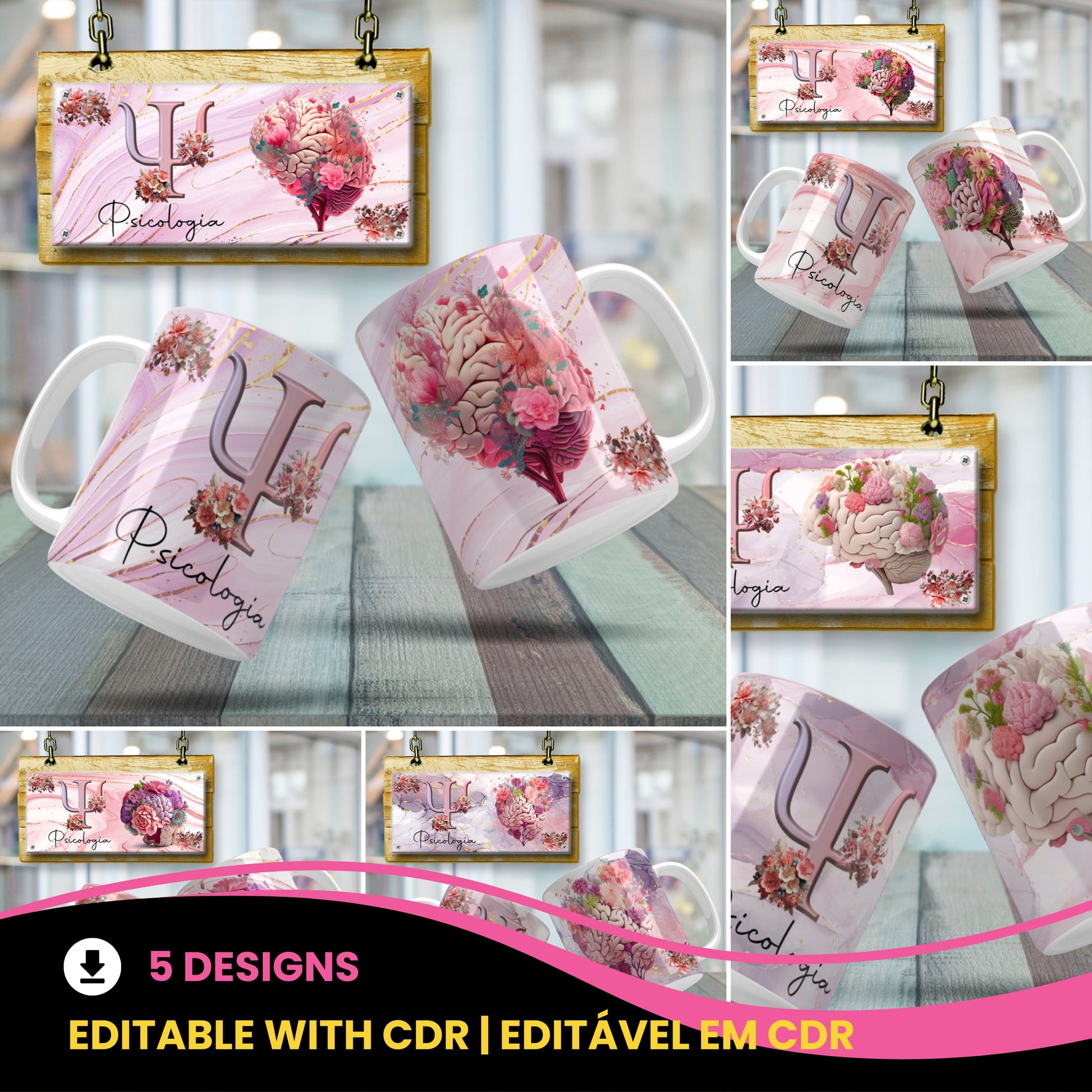 Psychology Floral Brain Mug Sublimation PNG Bundle | Floral Psi Symbol Psychologist Coffee Cup Wrap