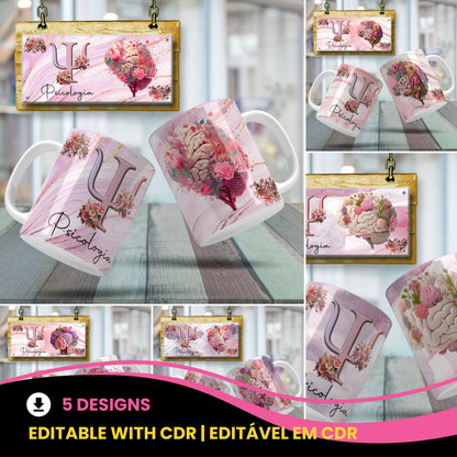 Psychology Floral Brain Mug Sublimation PNG Bundle | Floral Psi Symbol Psychologist Coffee Cup Wrap
