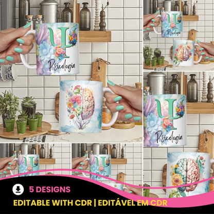 Psychology Floral Brain Mug Sublimation PNG Bundle | Watercolor Brain Flower Psi Symbol Mug Wrap