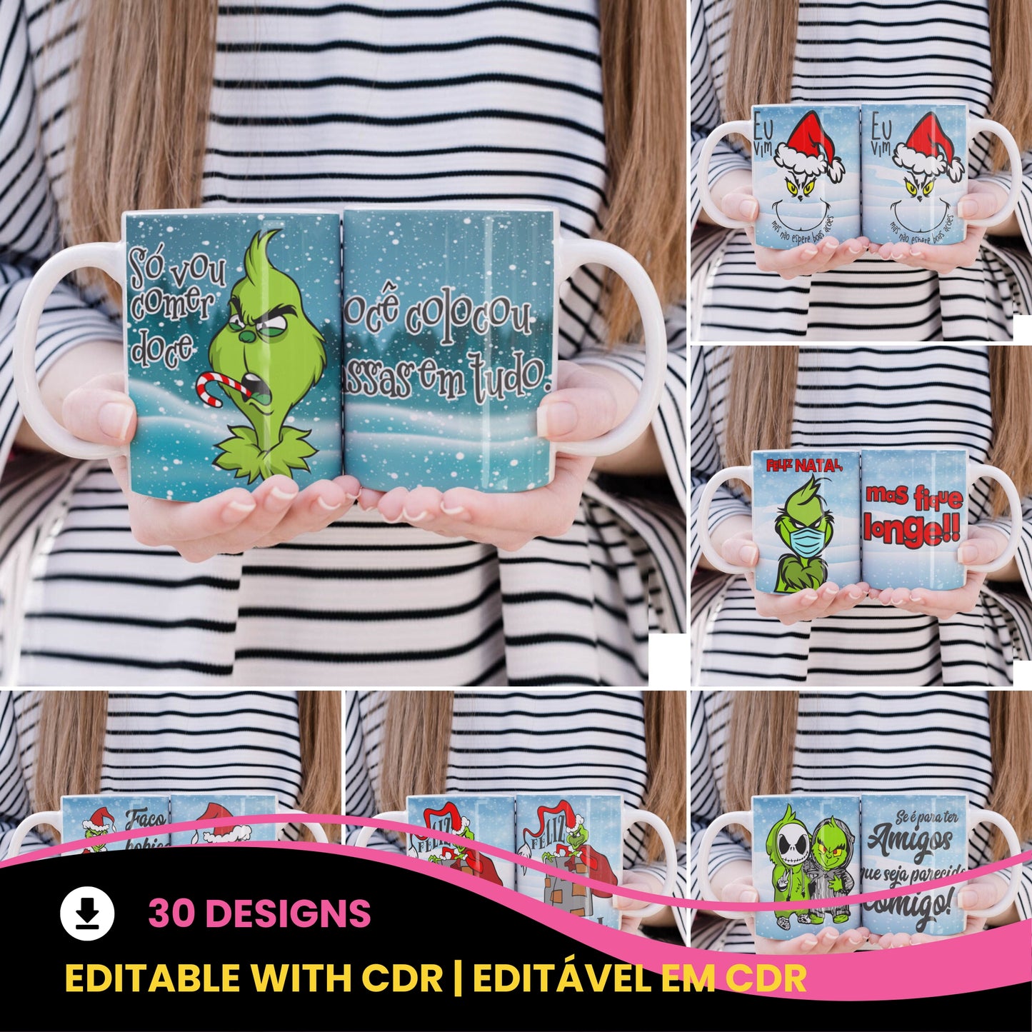 Funny Green Christmas Monster Mug Sublimation Wrap PNG Bundle | Sarcastic Holiday Quotes Mug Template