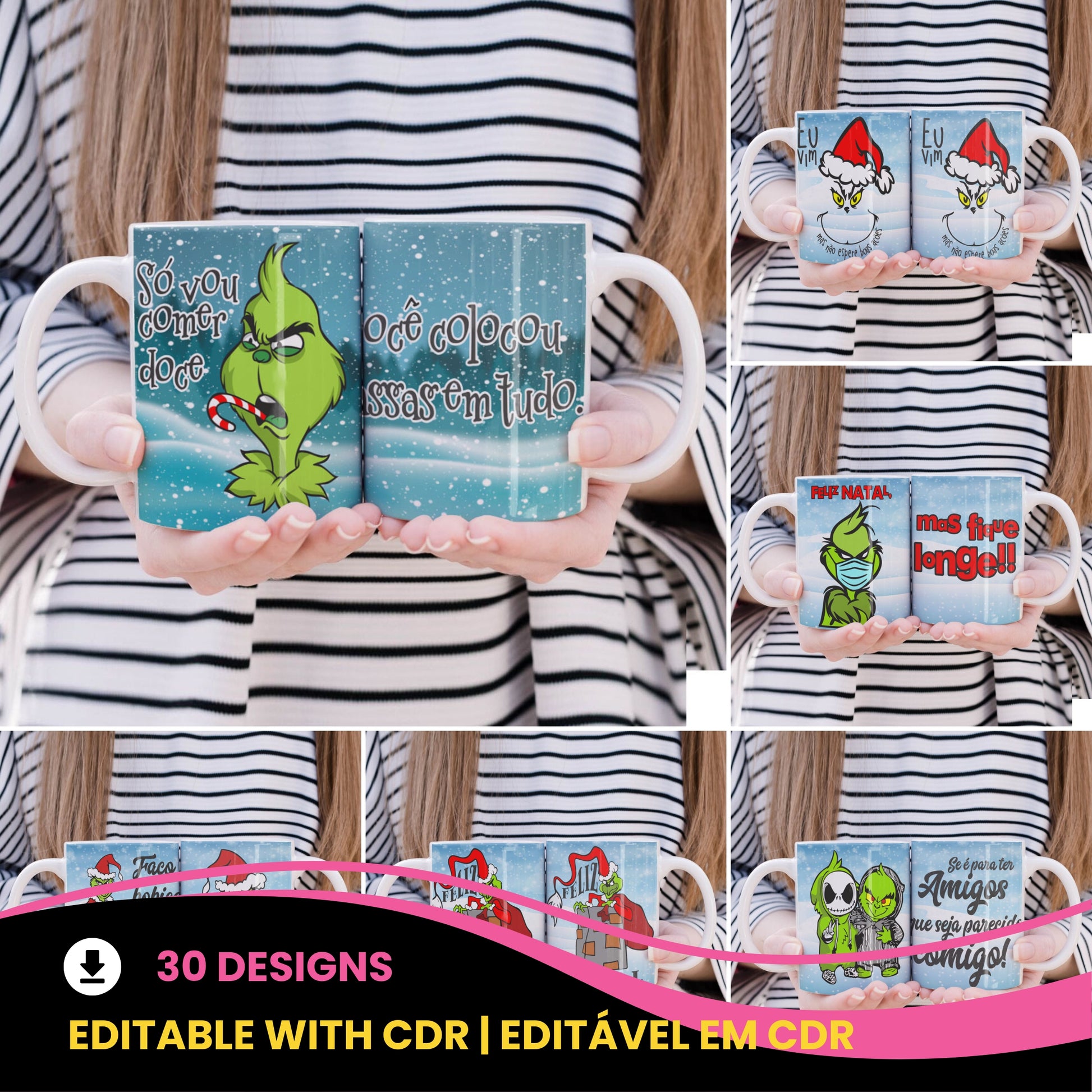 Funny Green Christmas Monster Mug Sublimation Wrap PNG Bundle | Sarcastic Holiday Quotes Mug Template