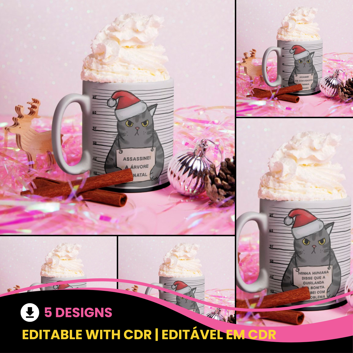 Funny Christmas Cat Shaming Mug Sublimation Designs | Naughty Cat Mug Wrap PNG | Grumpy Holiday Cat Mug Art