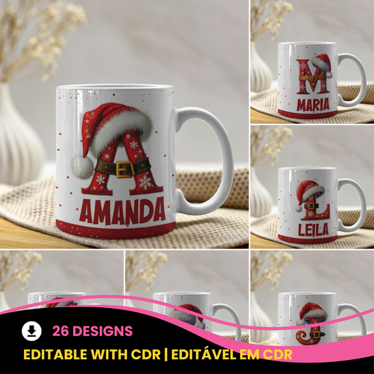Christmas Alphabet Mug Sublimation Design | Editable Letter Monogram Cups 