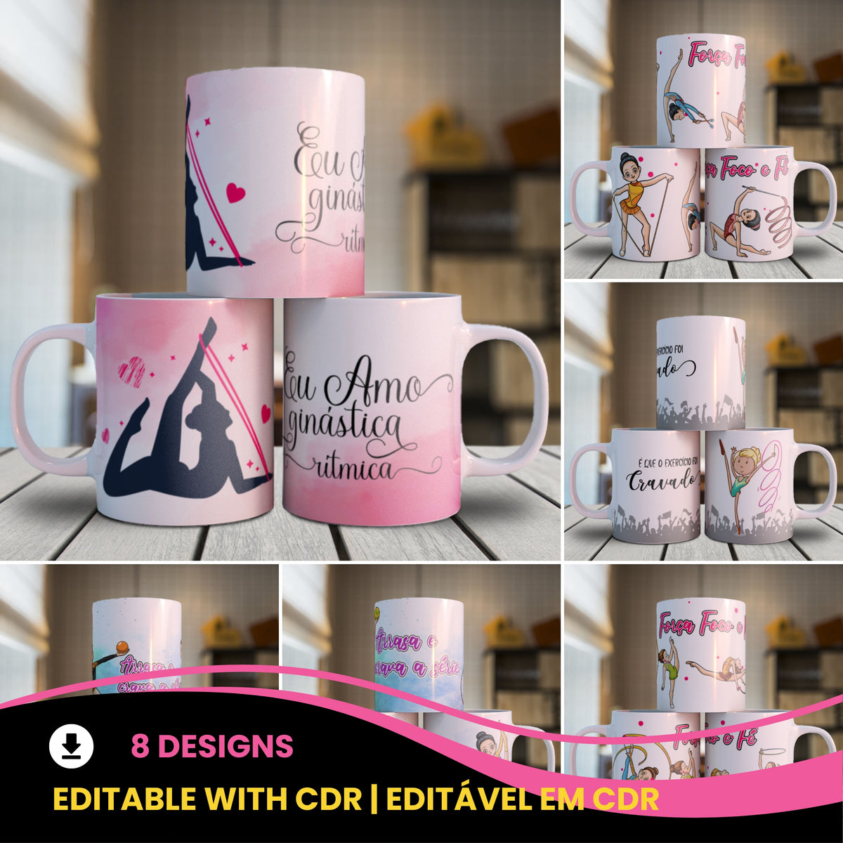 Rhythmic Gymnastics Mug Sublimation Designs PNG | Cute Gymnast Ribbon Hoop Ball Coffee Cup Wrap Bundle