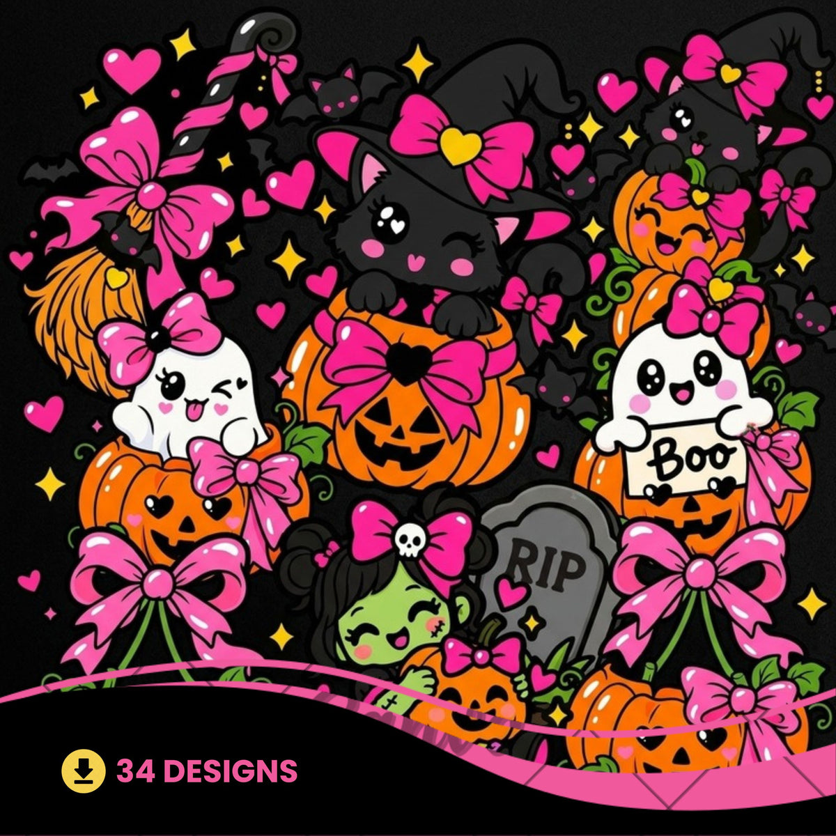 Coquette Halloween PNG Bundle | Cute Pink Witch Cat Sublimation PNG