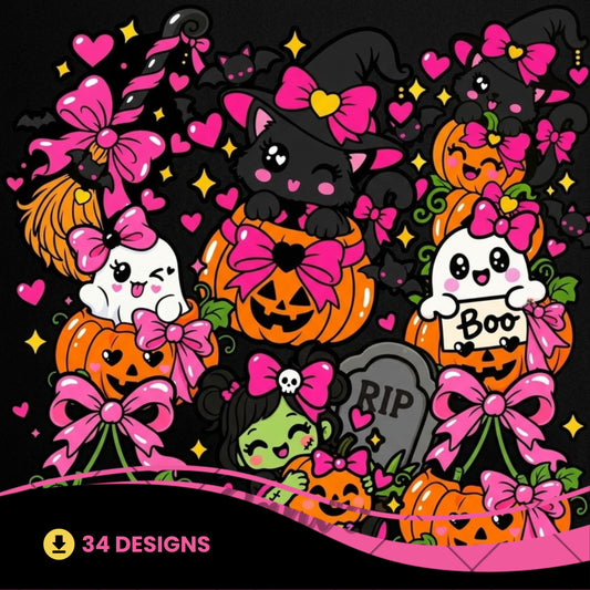 Coquette Halloween PNG Bundle | Cute Pink Witch Cat Sublimation PNG