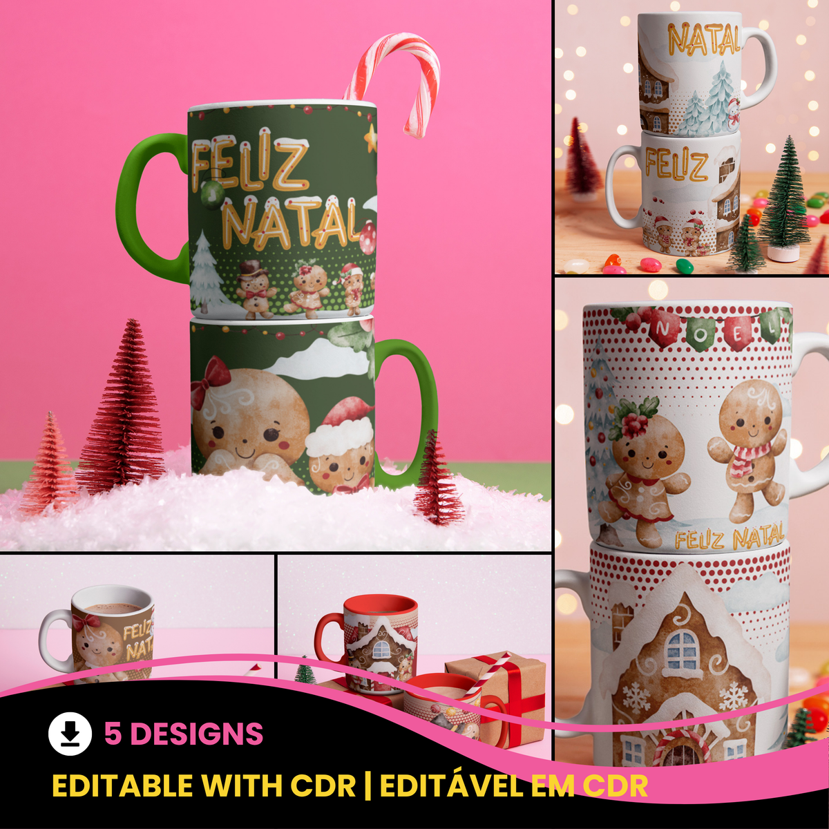 Gingerbread Christmas Mug Sublimation Bundle | Cute Cookie Holiday Mug Wrap PNG