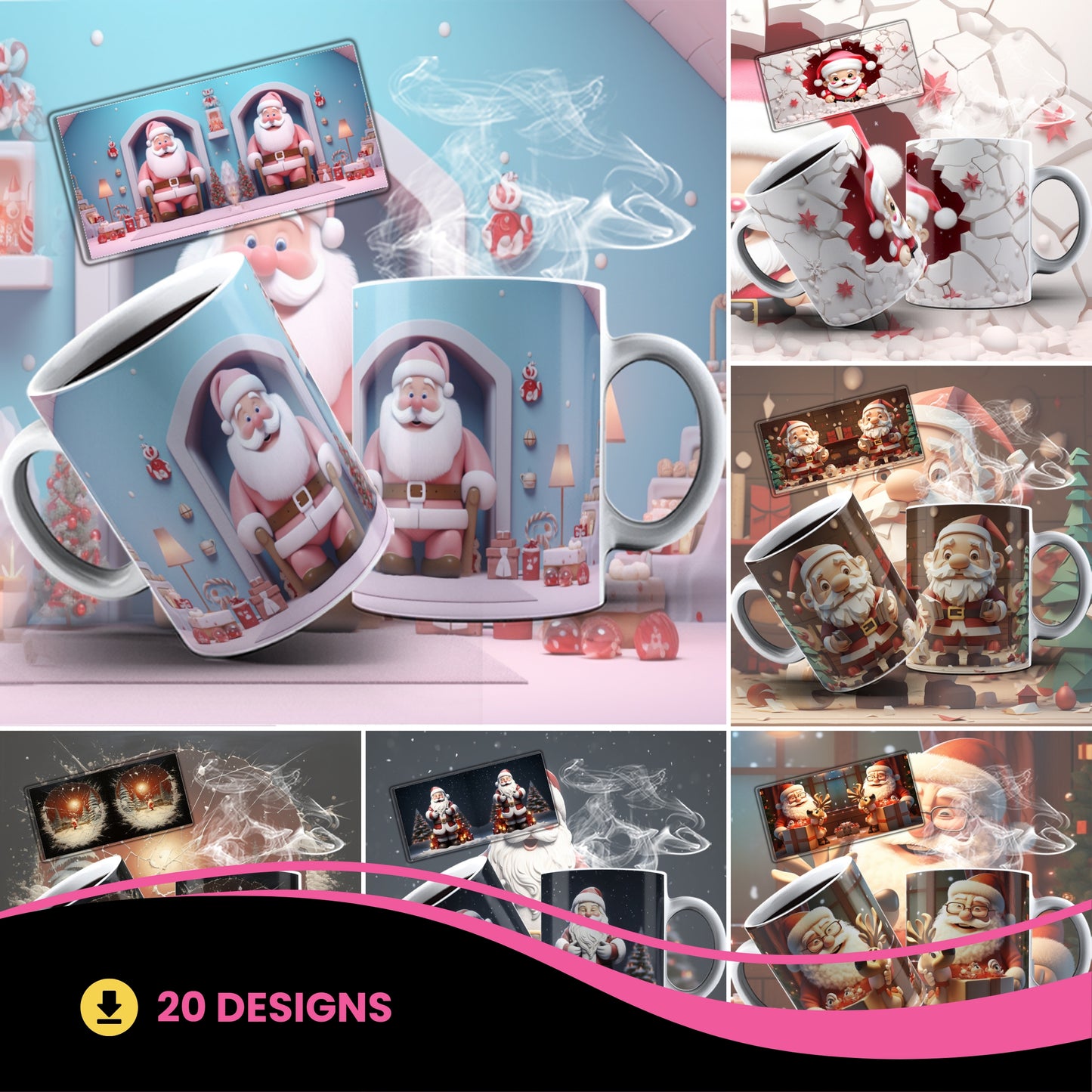 3D Christmas Mug Sublimation PNG Bundle | Funny Bursting Santa Claus & Elves Mug Wrap 11oz 15oz Template