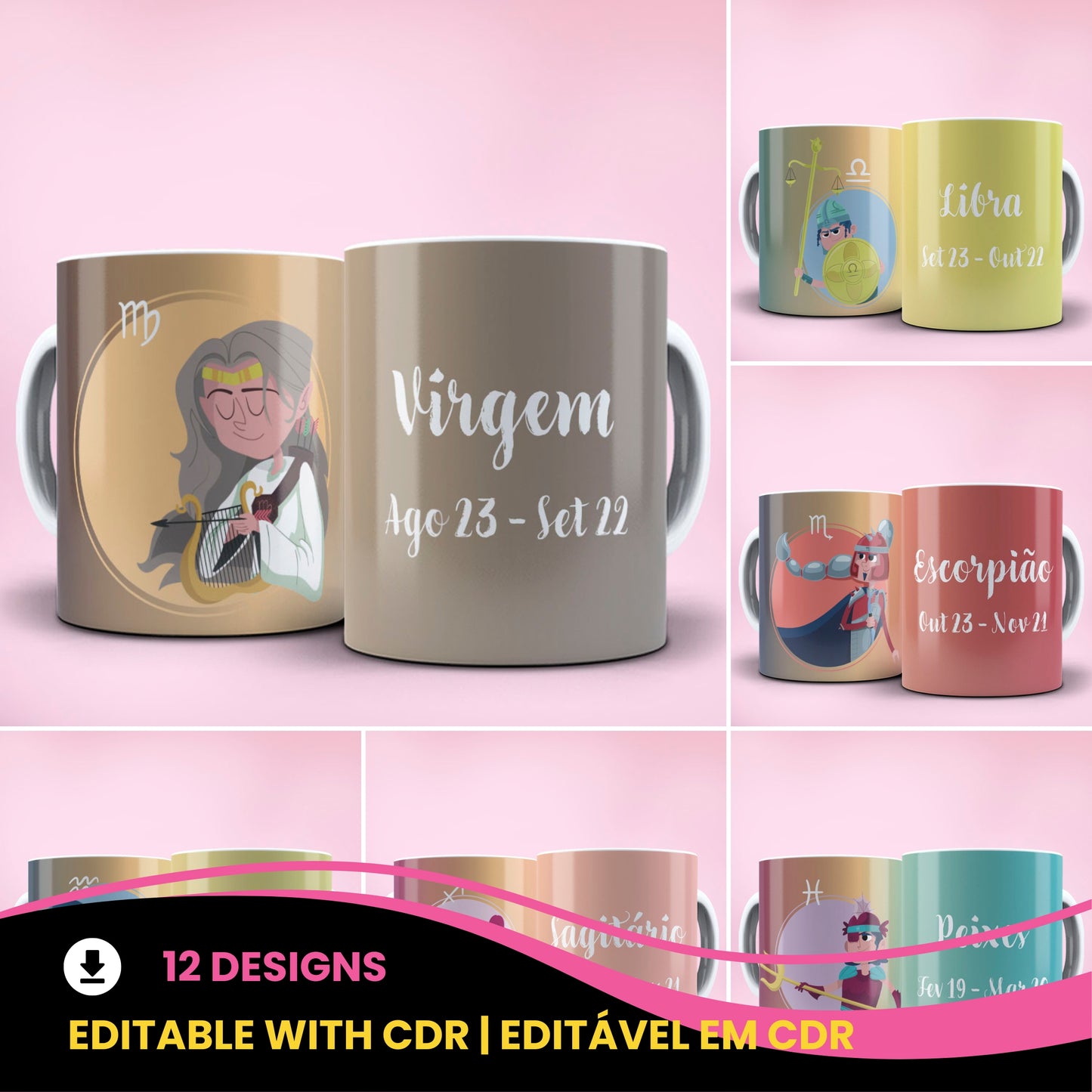 Funny Cartoon Zodiac Mug Sublimation PNG Bundle | Cute Cute Warrior Astrology Coffee Cup Wrap