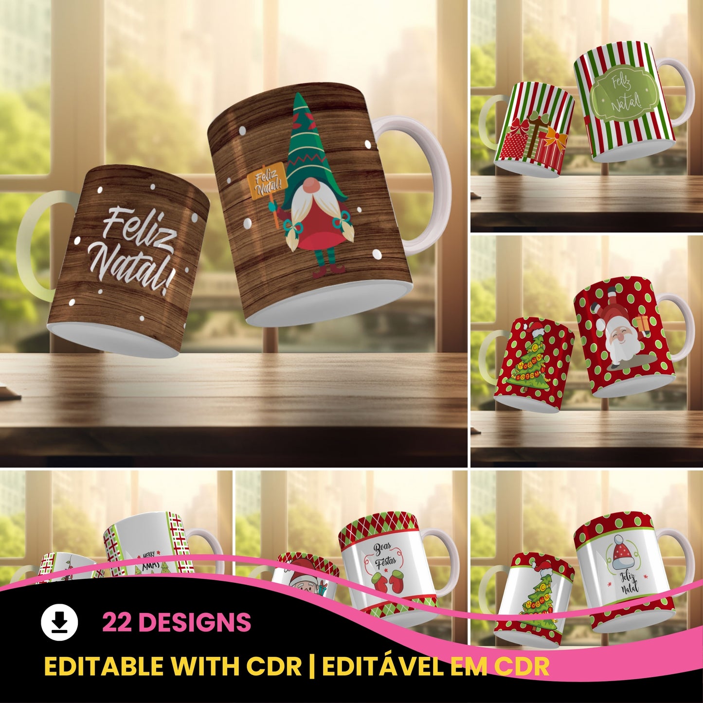Cute Christmas Mug Sublimation Design PNG Bundle | Santa Gnome Xmas Tree Coffee Cup Wrap PNG
