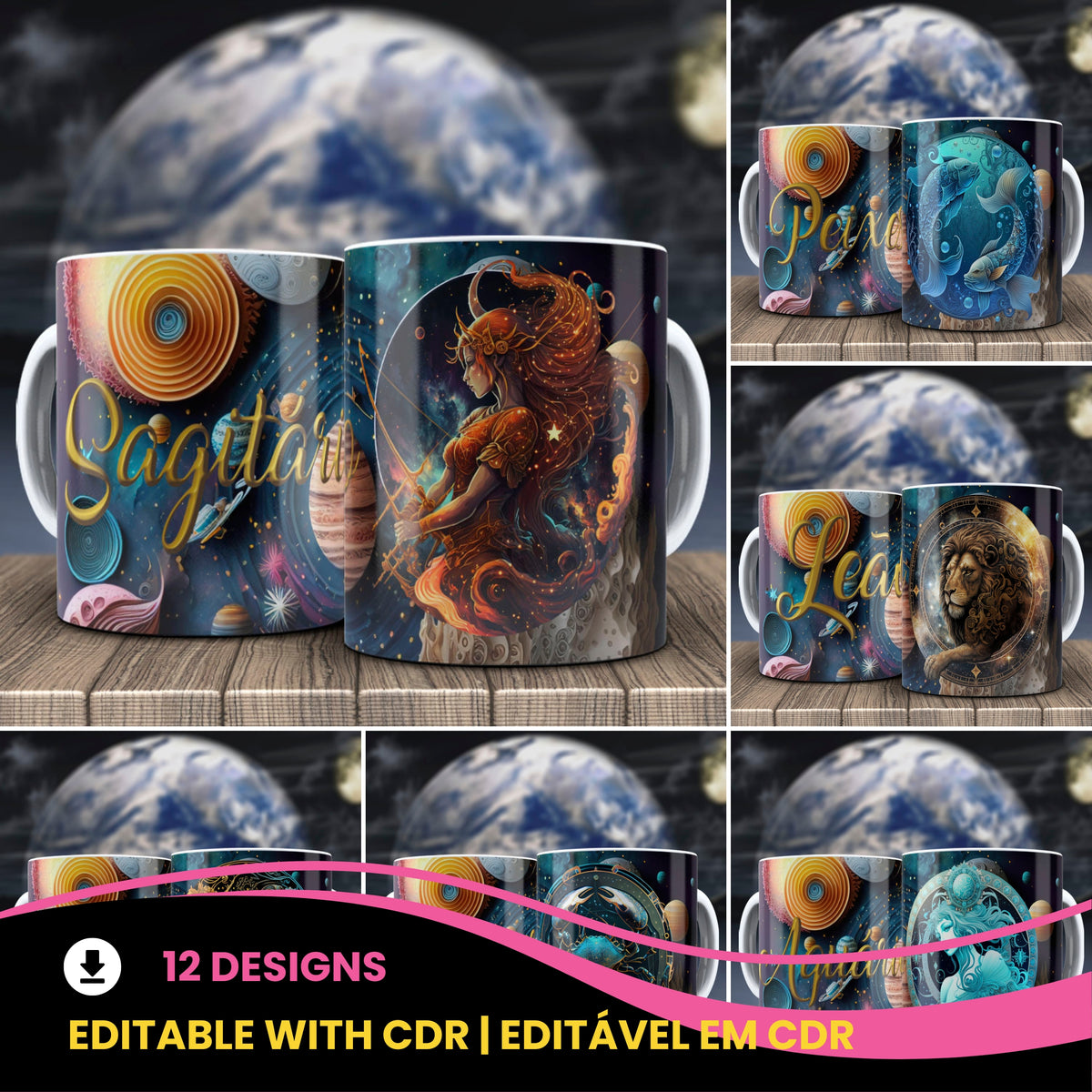 Galactic Zodiac Mug Sublimation PNG Bundle | 3D Cosmic Celestial Planet Coffee Cup Wrap