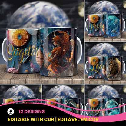 Galactic Zodiac Mug Sublimation PNG Bundle | 3D Cosmic Celestial Planet Coffee Cup Wrap