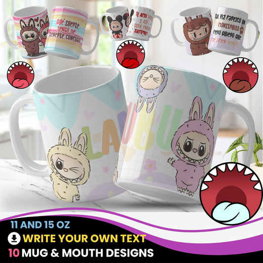 A collection of Labubu-themed mouth-bottom mug wrap templates in PNG format, perfect for sublimation. Features fun cartoon character designs with playful mouths placed at the base of the mug, ideal for adding humor and personality to drinkware. 