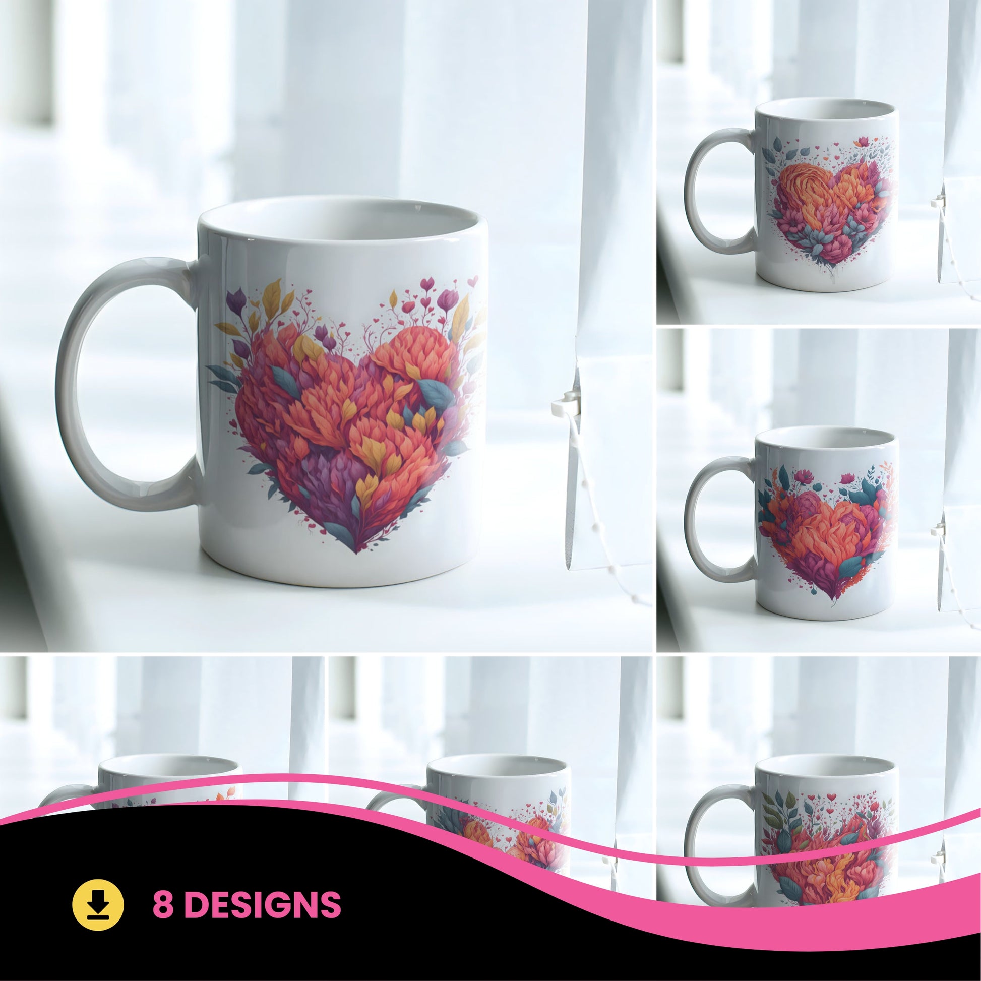 Floral Heart Mug Sublimation PNG Bundle | Botanical Heart Coffee Cup Design Template