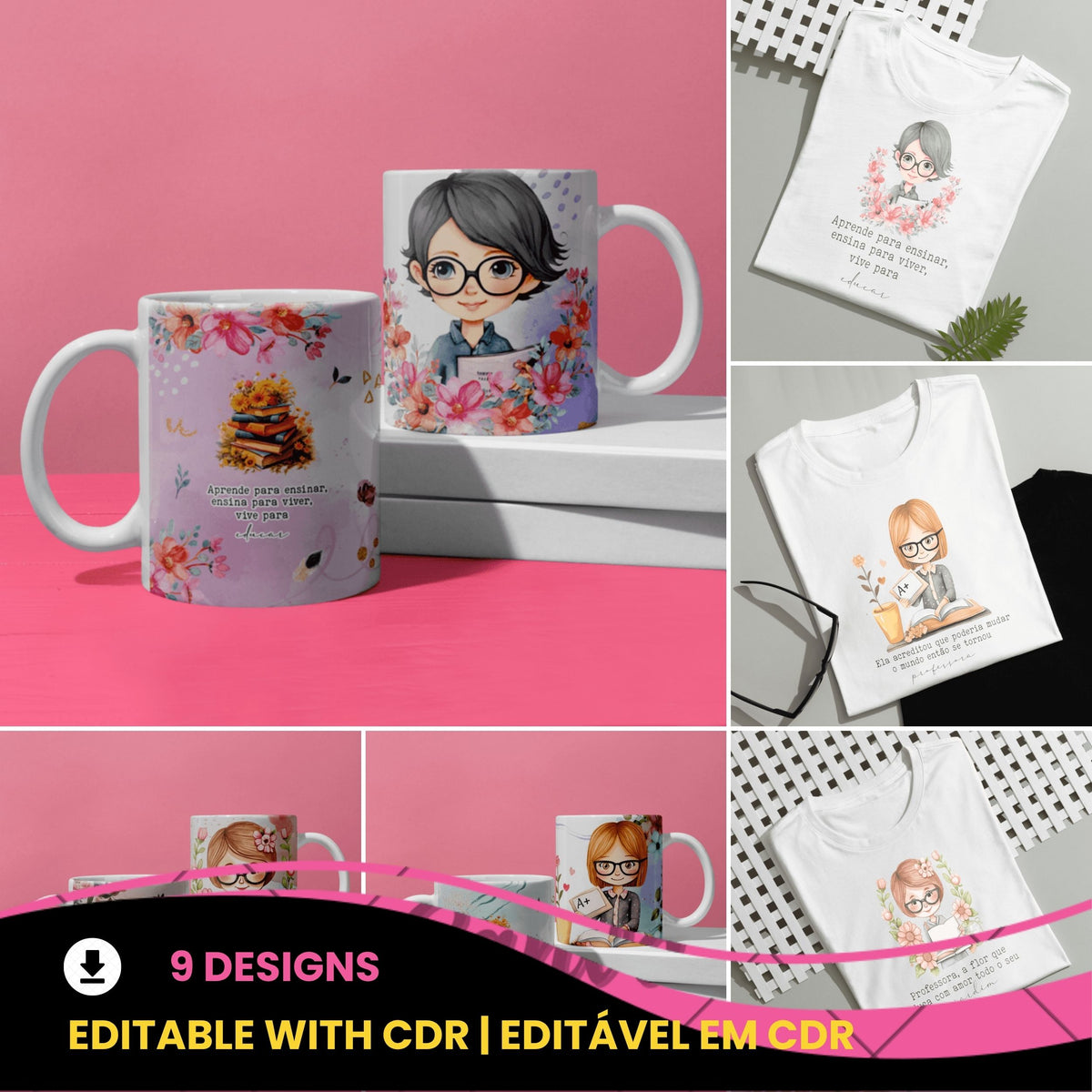 Female Teacher Sublimation PNG Bundle | Portuguese Female Teacher Mug Wrap and T-Shirt PNG