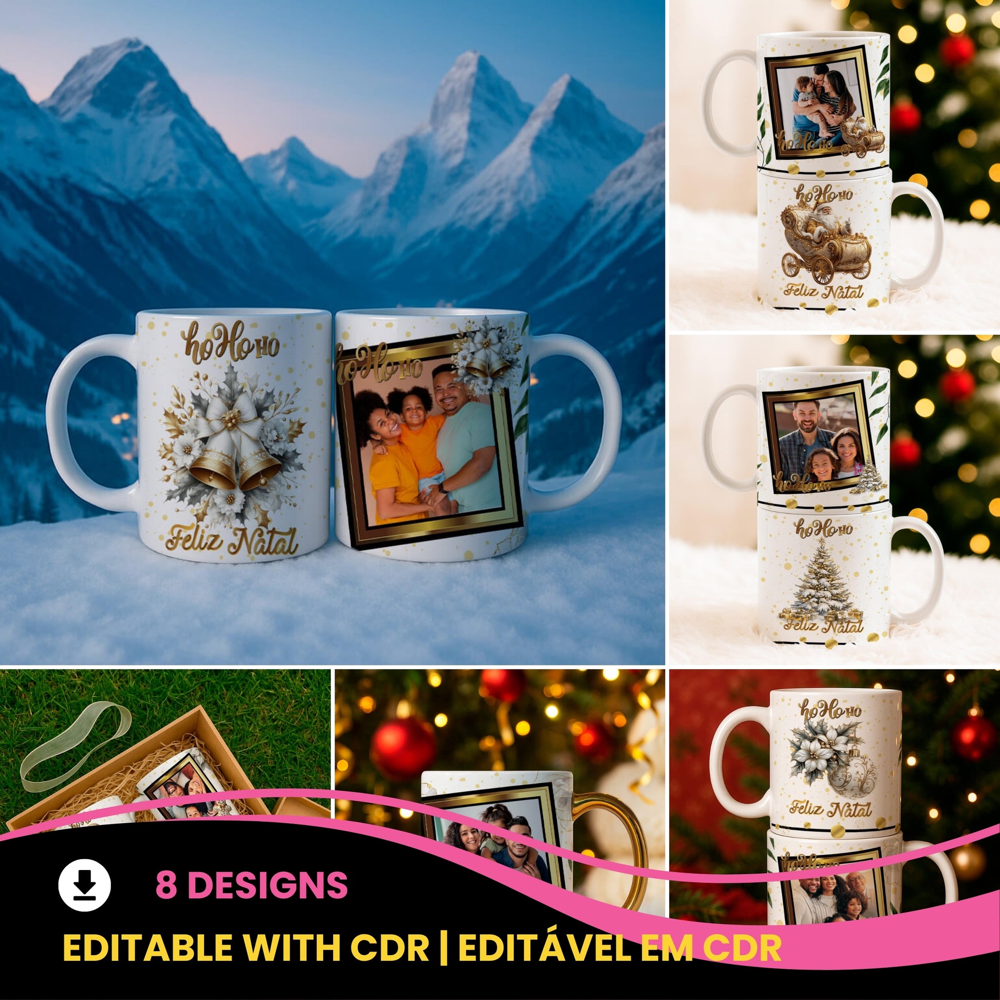 Custom Christmas Photo Mug Sublimation PNG Bundle | Elegant Gold Xmas Picture Frame Mug Wrap