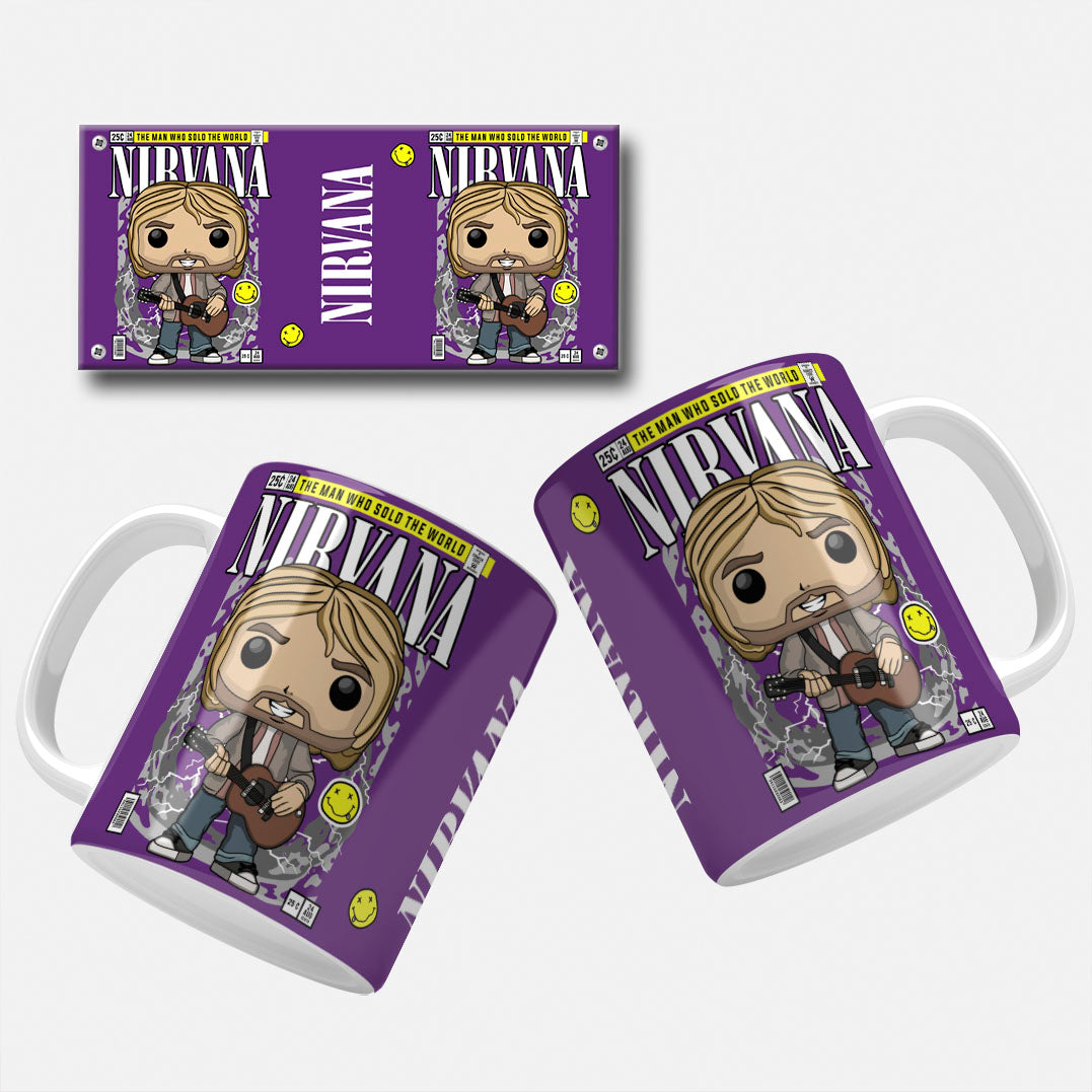 Image of Nirvana Mug Wrap  Comic-inspired mug wrap showcasing Kurt Cobain of Nirvana with long hair, holding a guitar, set against a purple background with smiley faces.