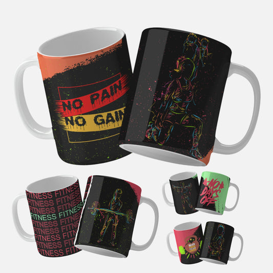 No Pain No Gain mug wrap design png featuring. No Days Off fitness mug wrap with vibrant illustration of a weightlifter and bold text.  a bold fitness quote and dynamic weightlifting illustration. 