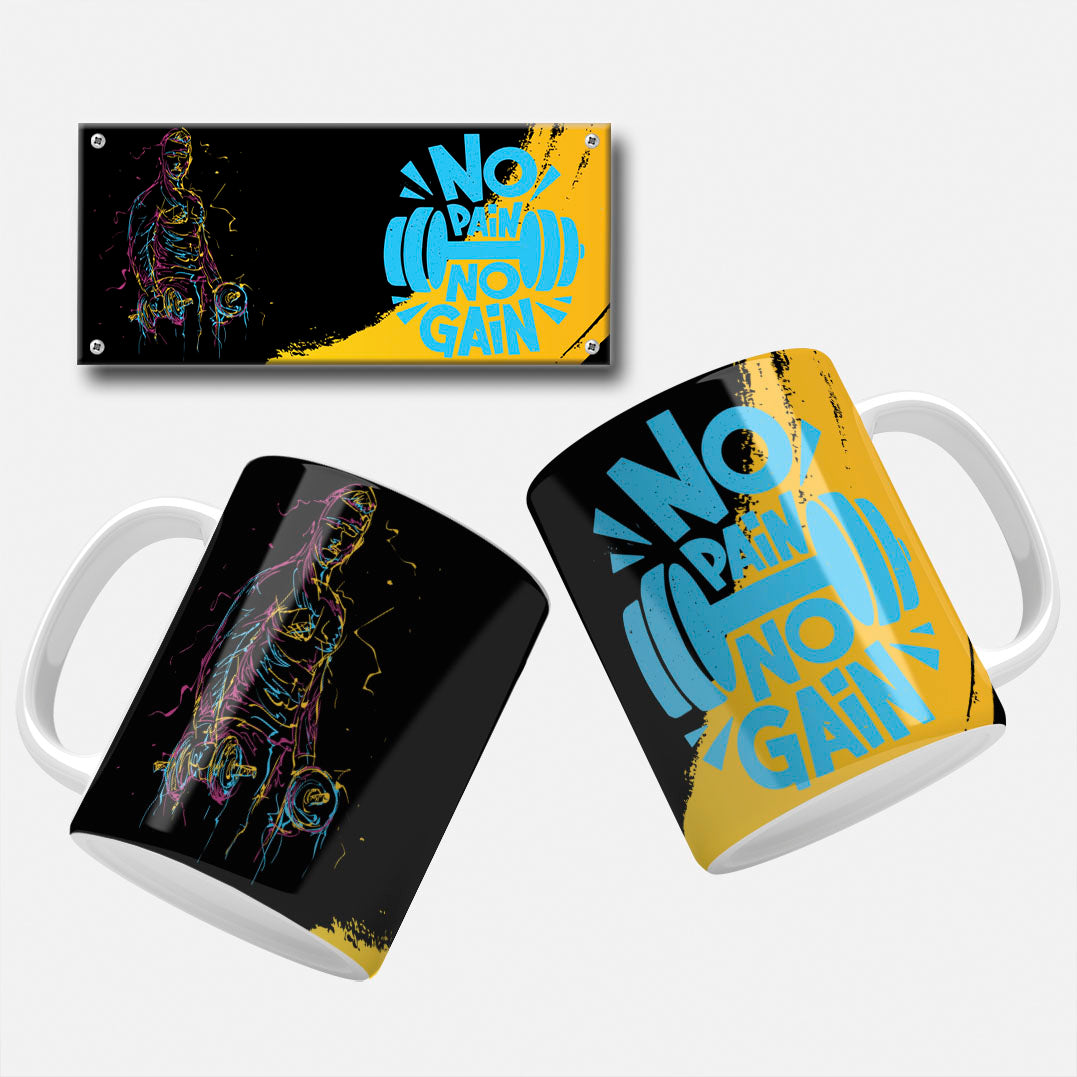 No Pain No Gain mug wrap design with yellow accents and dumbbell graphic.