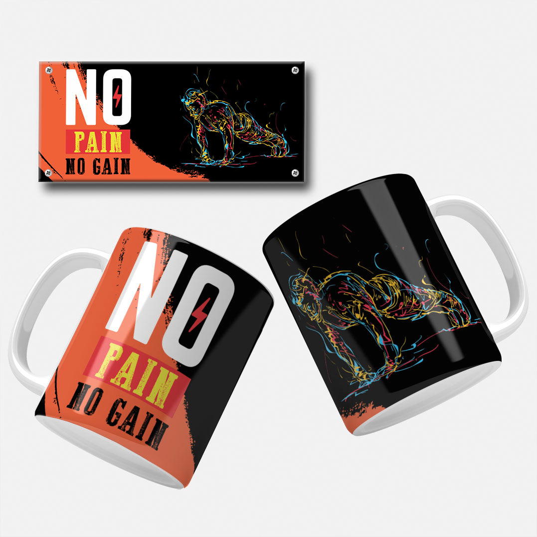No Pain No Gain mug wrap design with orange accents and push-up graphic.
