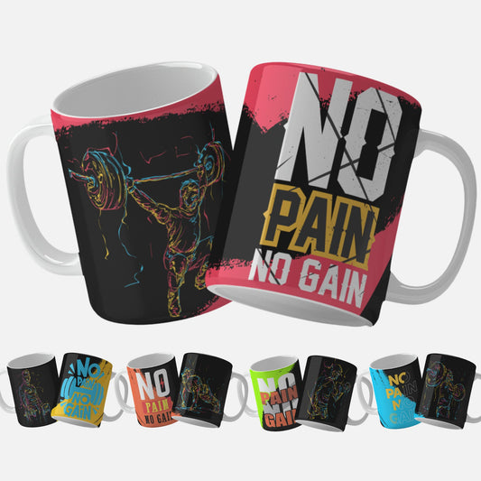 No Pain No Gain mug wrap design with  pink, orange, green, blue accents and weightlifter graphic. Gym Exercise Mug Wrap Sublimation Files png.