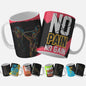 No Pain No Gain mug wrap design with  pink, orange, green, blue accents and weightlifter graphic. Gym Exercise Mug Wrap Sublimation Files png.