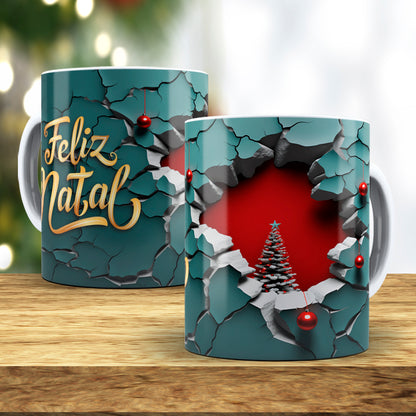 3D Broken Wall Christmas Tree Mug Sublimation Wrap PNG Bundle | Cracked Stone Hole Christmas Mug Template