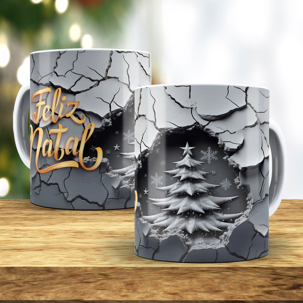 3D Broken Wall Christmas Tree Mug Sublimation Wrap PNG Bundle | Cracked Stone Hole Christmas Mug Template