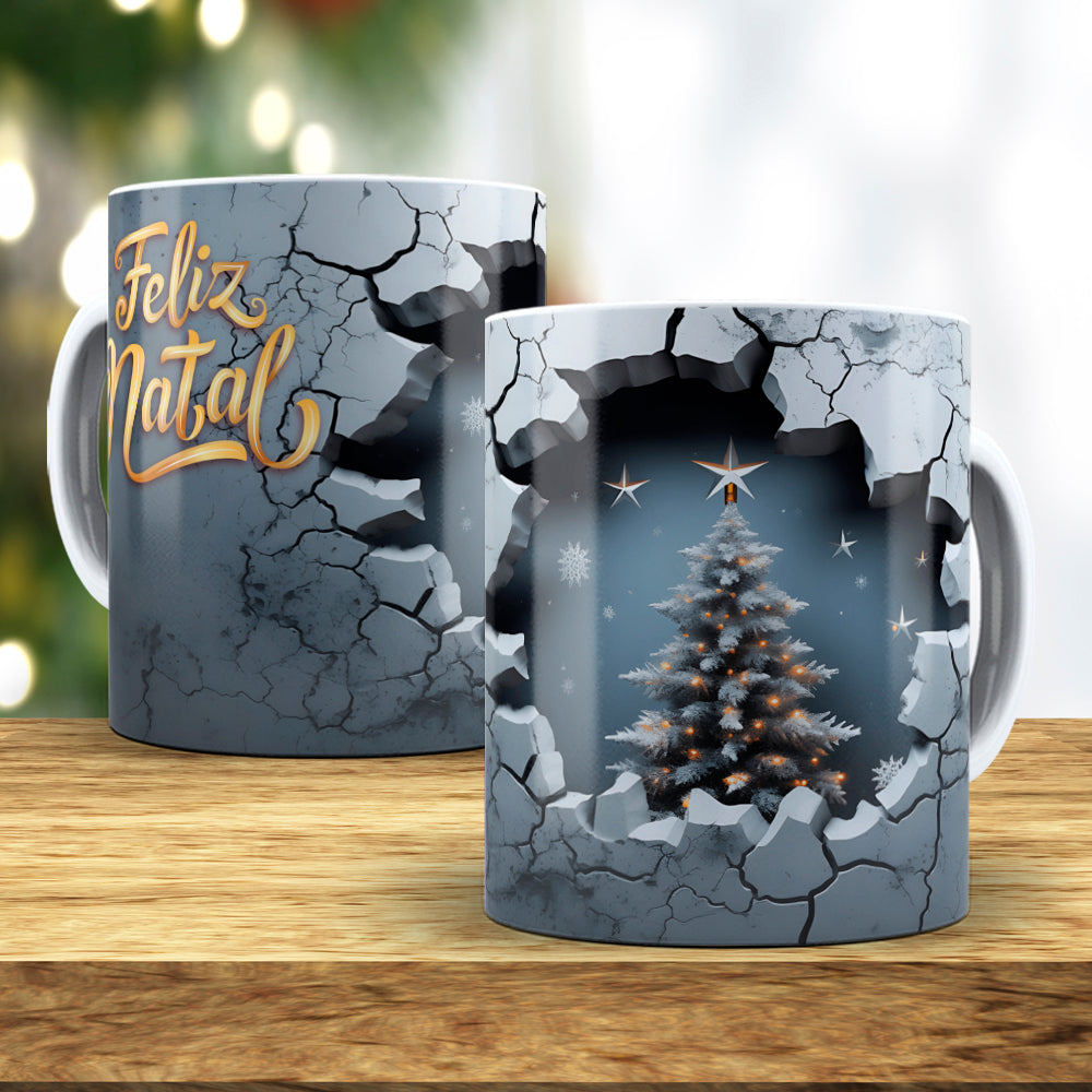 3D Broken Wall Christmas Tree Mug Sublimation Wrap PNG Bundle | Cracked Stone Hole Christmas Mug Template
