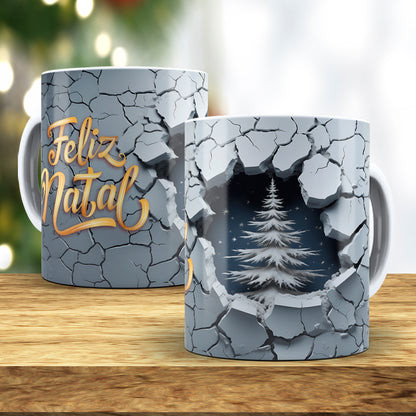 3D Broken Wall Christmas Tree Mug Sublimation Wrap PNG Bundle | Cracked Stone Hole Christmas Mug Template