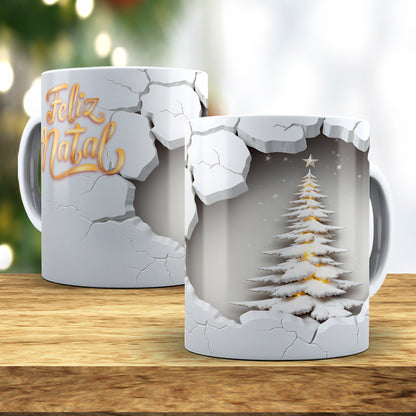 3D Broken Wall Christmas Tree Mug Sublimation Wrap PNG Bundle | Cracked Stone Hole Christmas Mug Template