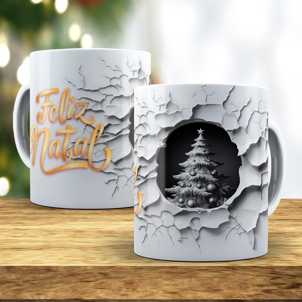 3D Broken Wall Christmas Tree Mug Sublimation Wrap PNG Bundle | Cracked Stone Hole Christmas Mug Template