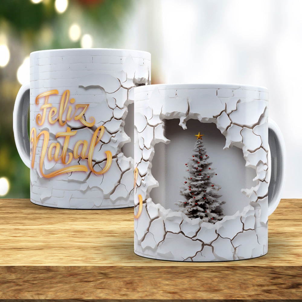 3D Broken Wall Christmas Tree Mug Sublimation Wrap PNG Bundle | Cracked Stone Hole Christmas Mug Template