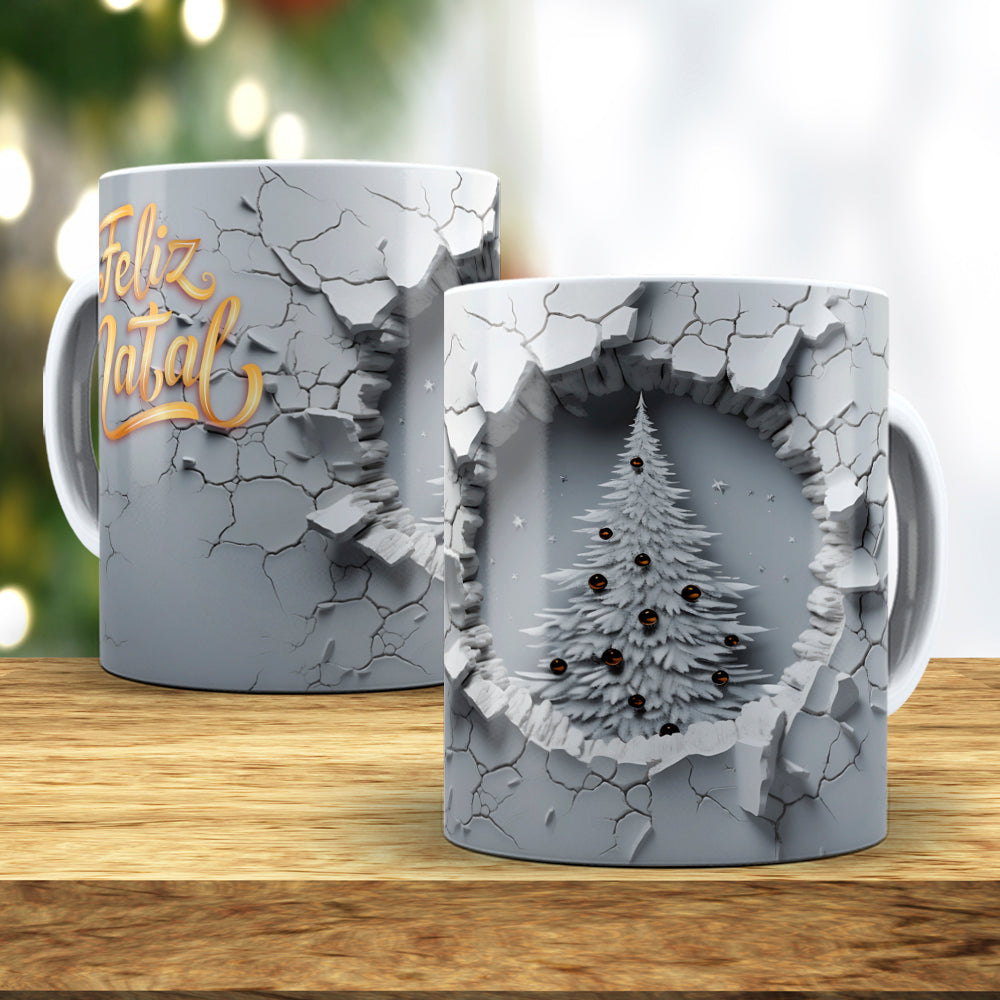 3D Broken Wall Christmas Tree Mug Sublimation Wrap PNG Bundle | Cracked Stone Hole Christmas Mug Template