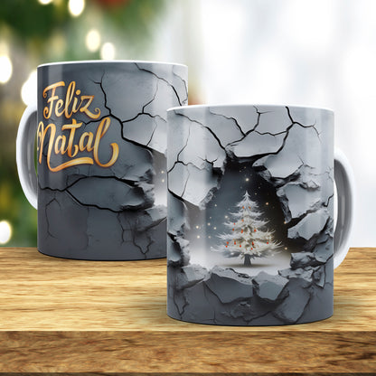3D Broken Wall Christmas Tree Mug Sublimation Wrap PNG Bundle | Cracked Stone Hole Christmas Mug Template