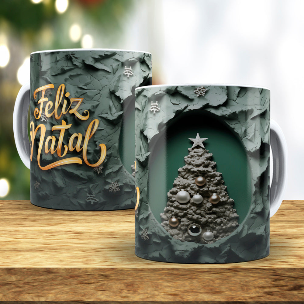 3D Broken Wall Christmas Tree Mug Sublimation Wrap PNG Bundle | Cracked Stone Hole Christmas Mug Template
