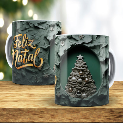 3D Broken Wall Christmas Tree Mug Sublimation Wrap PNG Bundle | Cracked Stone Hole Christmas Mug Template