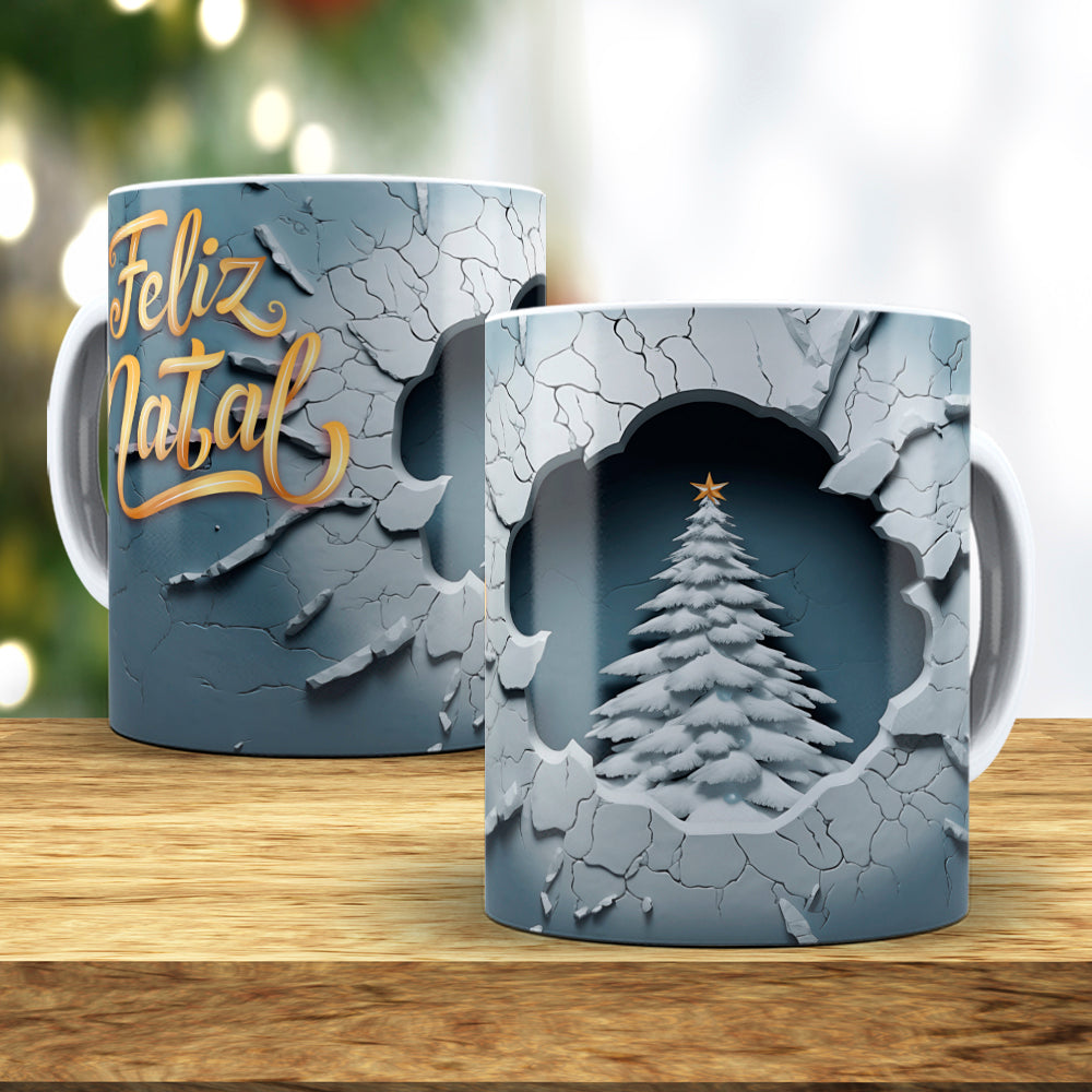 3D Broken Wall Christmas Tree Mug Sublimation Wrap PNG Bundle | Cracked Stone Hole Christmas Mug Template