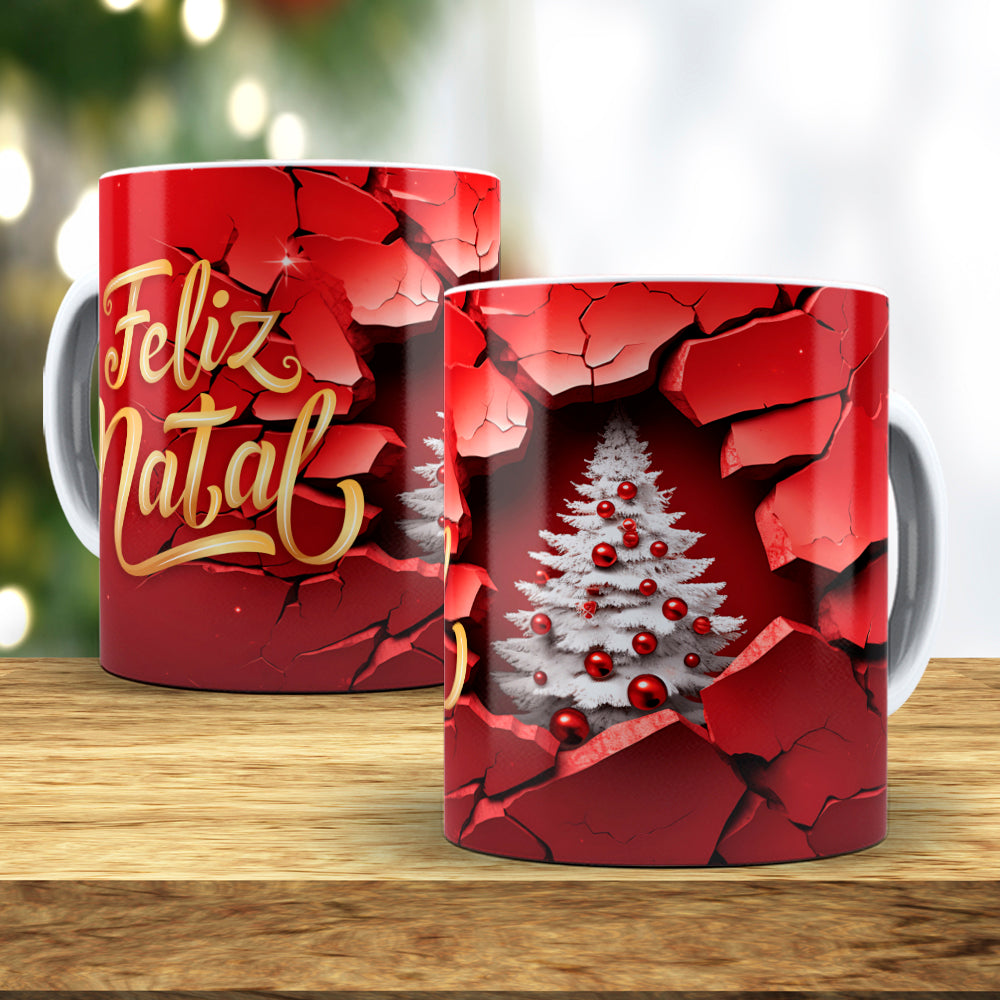 3D Broken Wall Christmas Tree Mug Sublimation Wrap PNG Bundle | Cracked Stone Hole Christmas Mug Template
